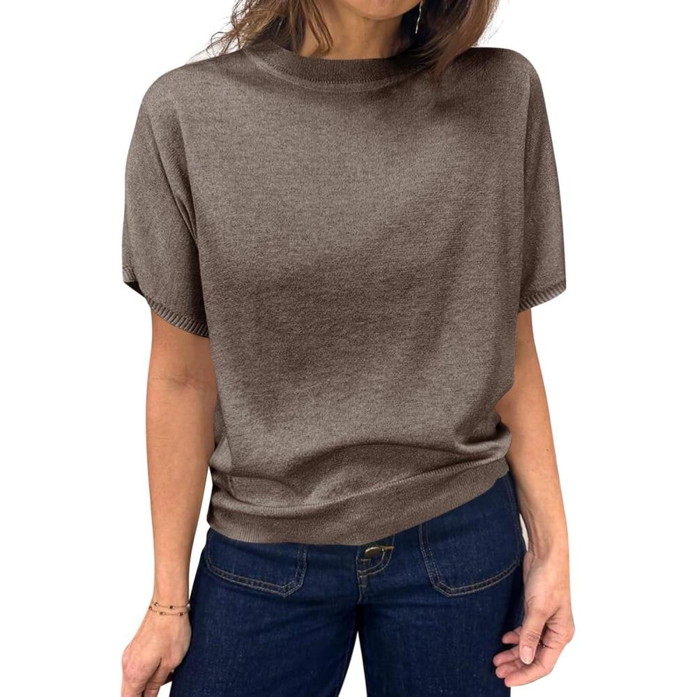 imageSaodimallsu Womens Short Sleeve Sweater Casual Basic Crew Neck Loose Knit Pullover Tops Summer Lightweight BlousesCoffee