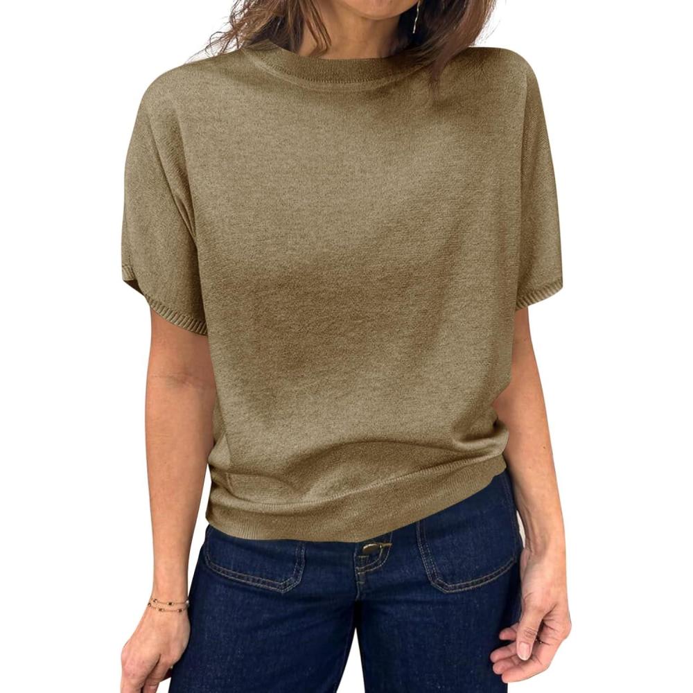 imageSaodimallsu Womens Short Sleeve Sweater Casual Basic Crew Neck Loose Knit Pullover Tops Summer Lightweight BlousesKhaki