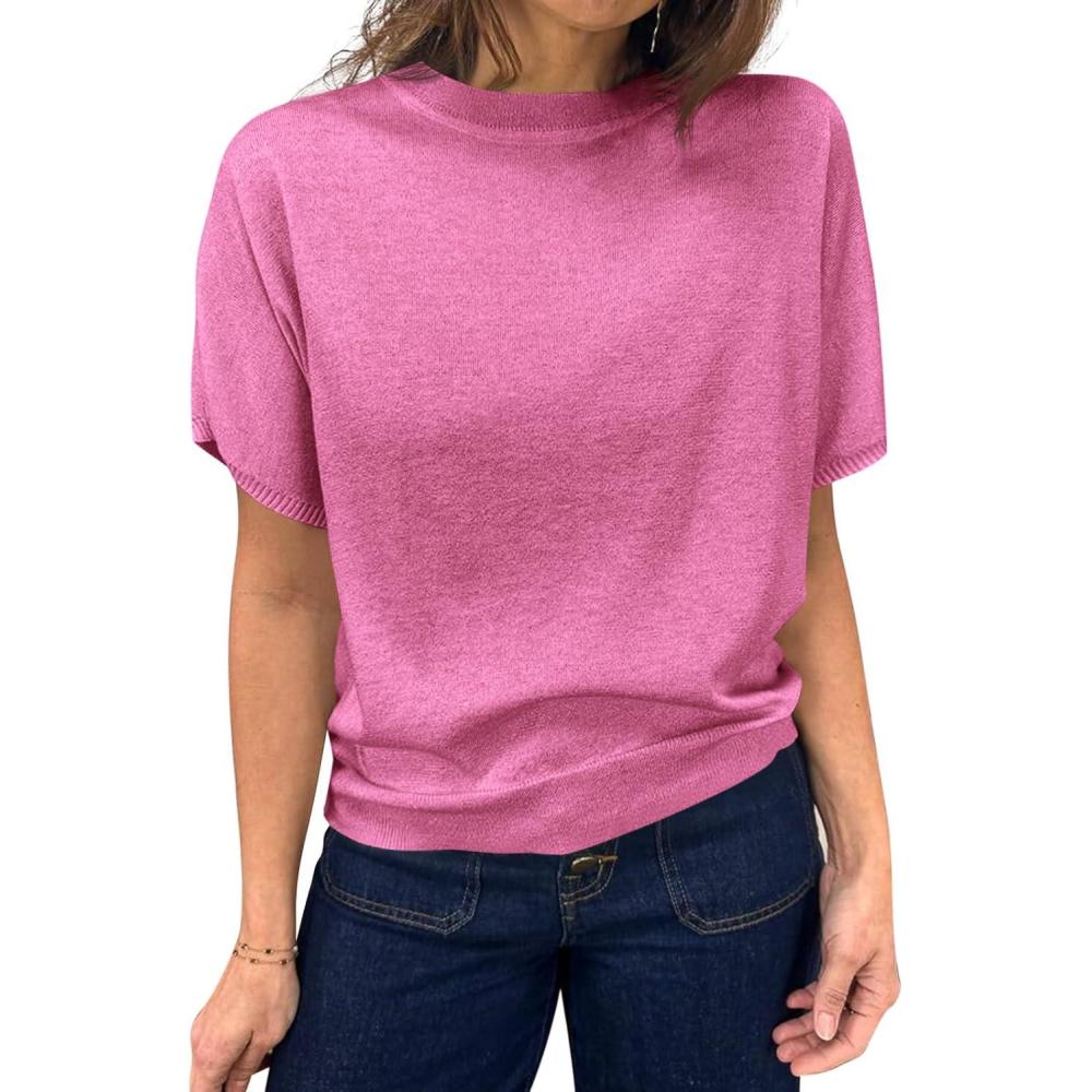 imageSaodimallsu Womens Short Sleeve Sweater Casual Basic Crew Neck Loose Knit Pullover Tops Summer Lightweight BlousesPink