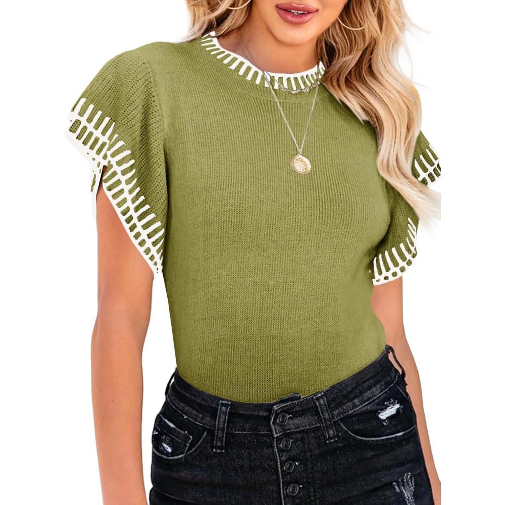 imageSaodimallsu Womens Short Sleeve Sweaters Tops Summer Ruffle Striped Loose Crew Neck Lightweight Soft Shirts Knit SweaterArmy Green