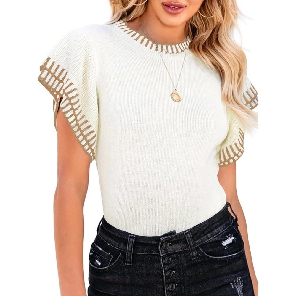 imageSaodimallsu Womens Short Sleeve Sweaters Tops Summer Ruffle Striped Loose Crew Neck Lightweight Soft Shirts Knit SweaterAs the Picture