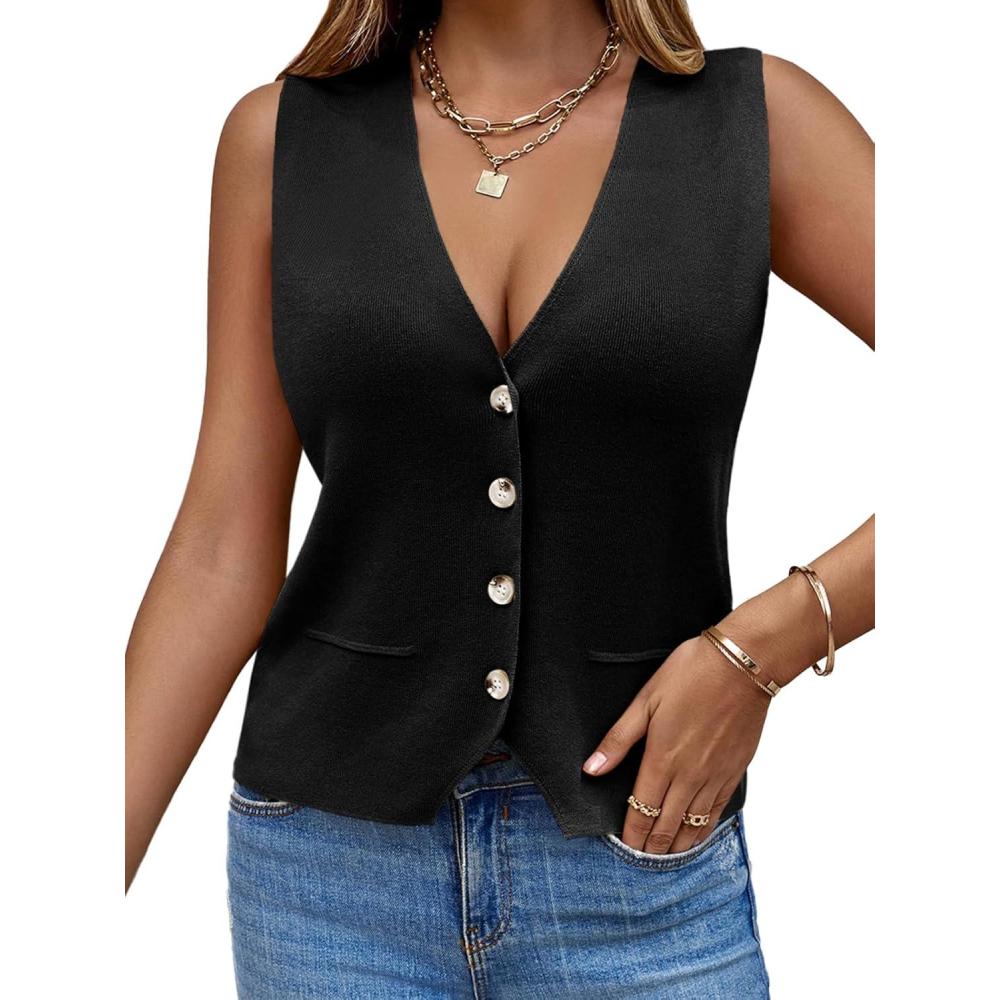 imageSaodimallsu Womens Sleeveless Sweater Vest Knit V Neck Button Fashion Casual Loose Spring Summer Waistcoat CardiganBlack