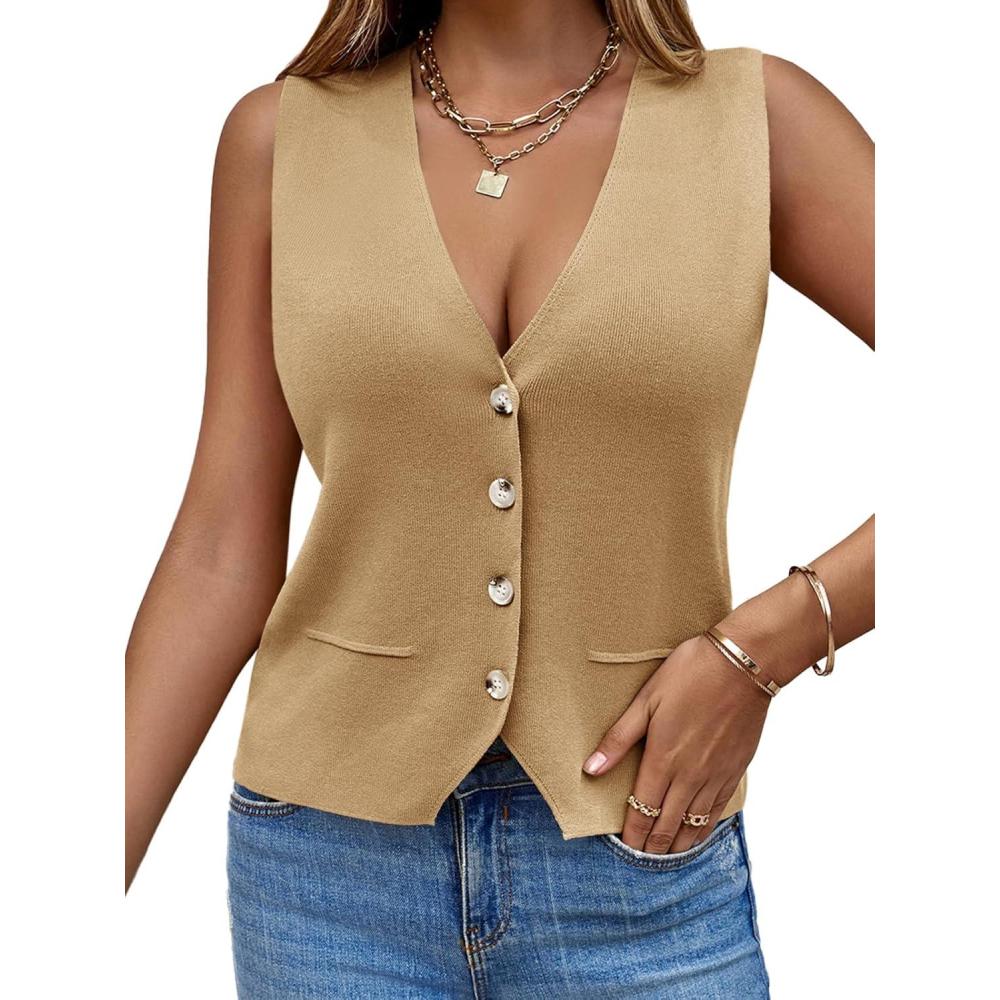 imageSaodimallsu Womens Sleeveless Sweater Vest Knit V Neck Button Fashion Casual Loose Spring Summer Waistcoat CardiganDark Khaki