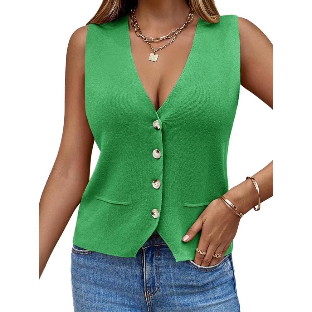 imageSaodimallsu Womens Sleeveless Sweater Vest Knit V Neck Button Fashion Casual Loose Spring Summer Waistcoat CardiganGreen