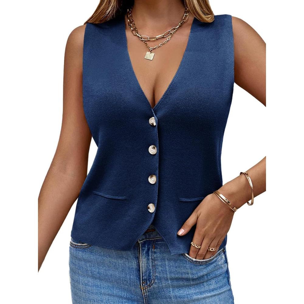 imageSaodimallsu Womens Sleeveless Sweater Vest Knit V Neck Button Fashion Casual Loose Spring Summer Waistcoat CardiganNavy