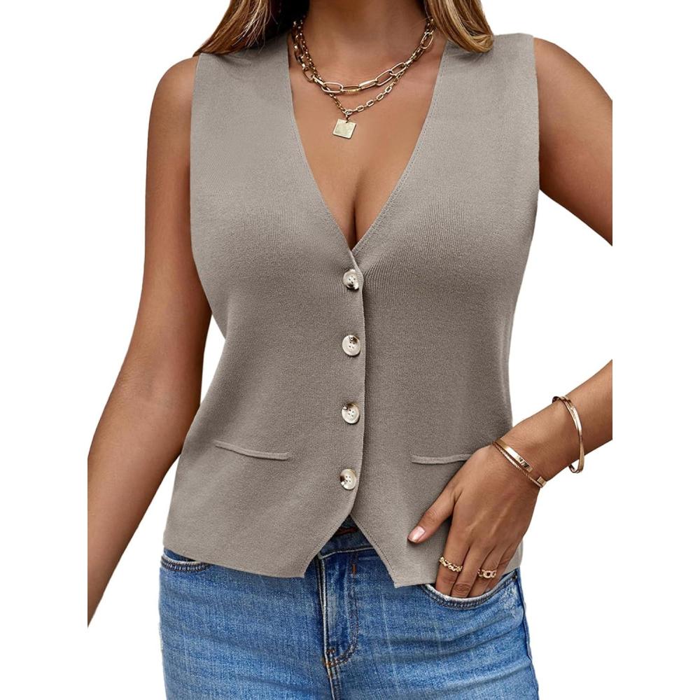 imageSaodimallsu Womens Sleeveless Sweater Vest Knit V Neck Button Fashion Casual Loose Spring Summer Waistcoat CardiganTaupe
