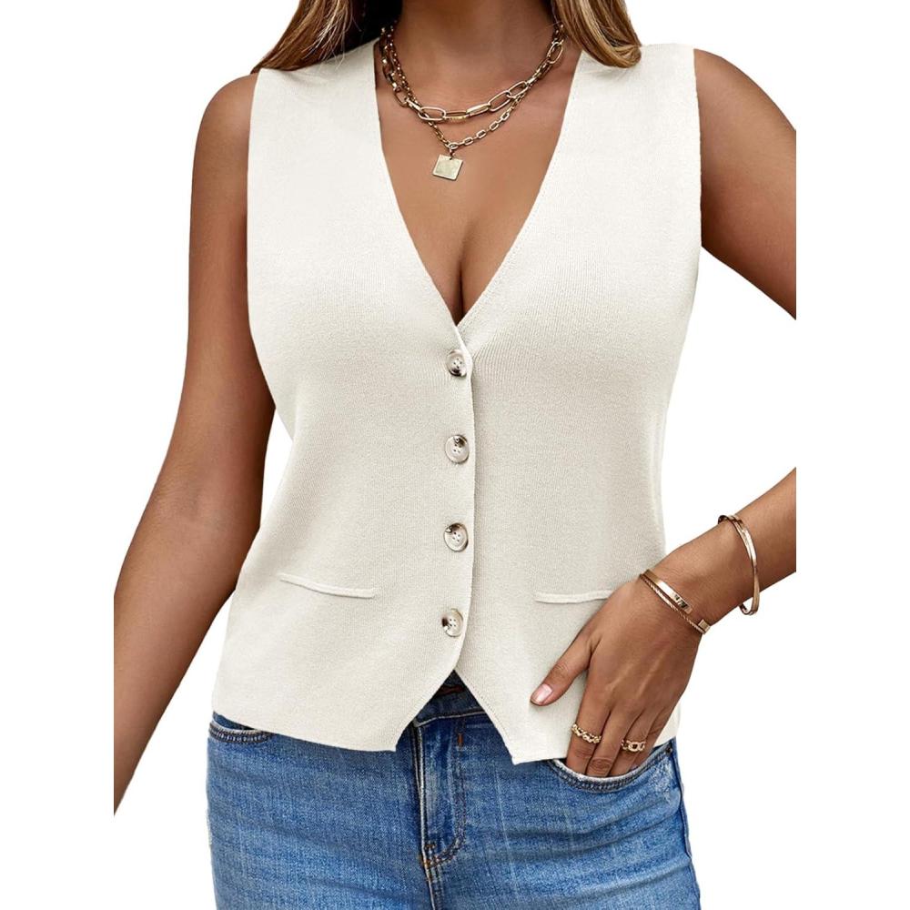 imageSaodimallsu Womens Sleeveless Sweater Vest Knit V Neck Button Fashion Casual Loose Spring Summer Waistcoat CardiganWhite