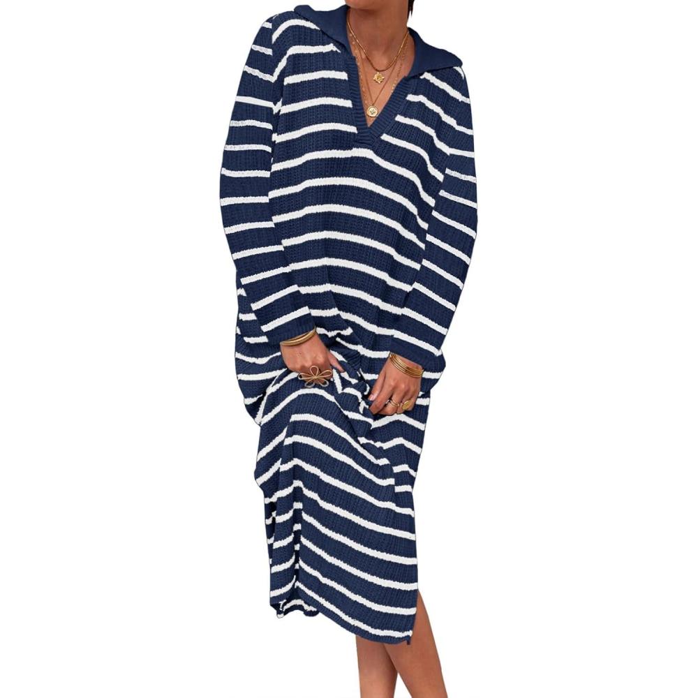 imageSaodimallsu Womens Striped Sweater Dress Fall Chunky Knit V Neck Collared Long Sleeve Sexy Slit Loose Midi DressesNavy