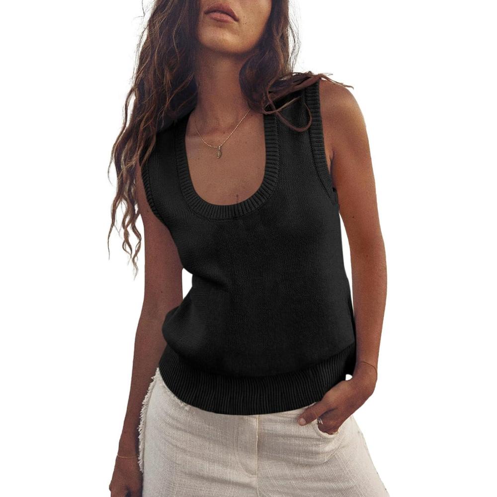 imageSaodimallsu Womens Summer Sweater Vest Sleeveless Ribbed Knit Tank Tops Going Out Casual Basic Scoop Neck TshirtBlack