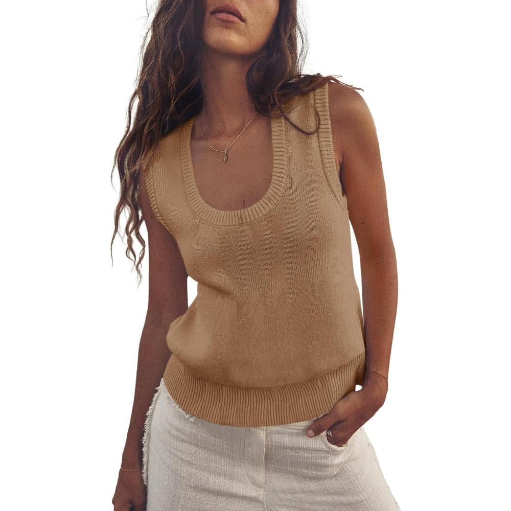 imageSaodimallsu Womens Summer Sweater Vest Sleeveless Ribbed Knit Tank Tops Going Out Casual Basic Scoop Neck TshirtLight Brown