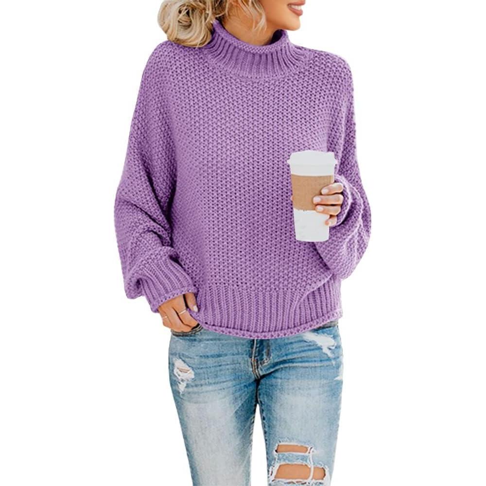 imageSaodimallsu Womens Turtleneck Oversized Sweaters Batwing Long Sleeve Pullover Loose Chunky Knit JumperPurple