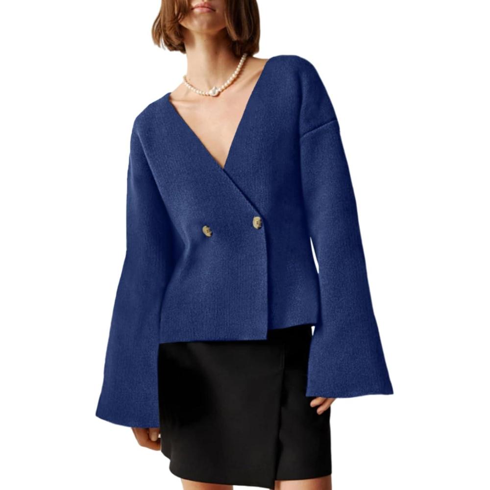 imageSaodimallsu Womens V Neck Cardigans Long Bell Sleeve Button Down Open Front Loose Knit Fall Sweater BlazerNavy Blue
