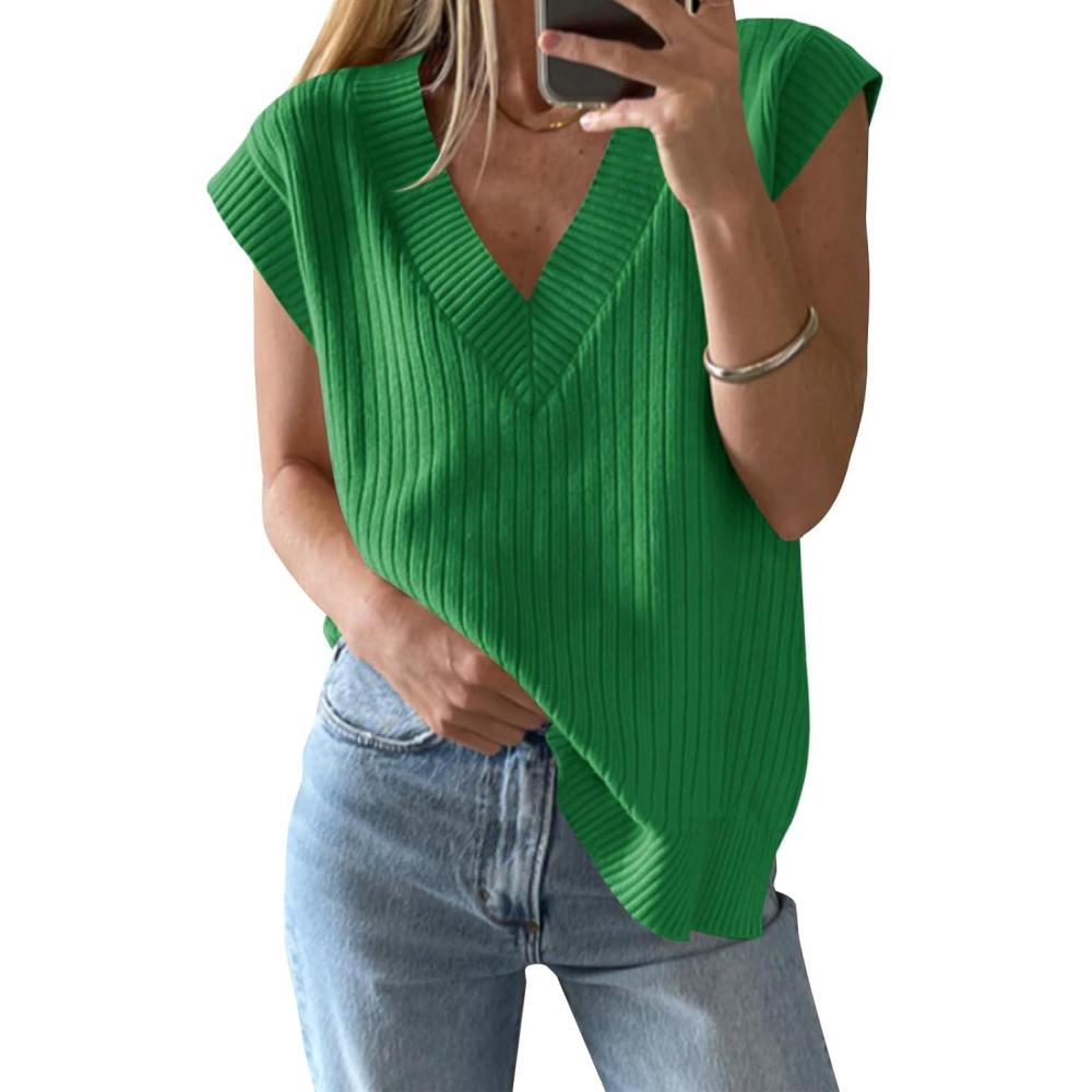 imageSaodimallsu Womens V Neck Sweater Vest Oversized Ribbed Knit Sleeveless Casual Loose Fit Pullover Tank TopDark Green