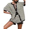 imageSaodimallsu Womens Crochet Swimsuit Coverup Summer Beach Sets Striped Knit Short Sleeve Button Shirts 2 Piece Short SetBlack
