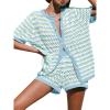 imageSaodimallsu Womens Crochet Swimsuit Coverup Summer Beach Sets Striped Knit Short Sleeve Button Shirts 2 Piece Short SetBlue