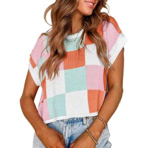 Saodimallsu Womens Cap Sleeve Crop Tops Summer Color Block Going Out Crew Neck Knit Trendy Casual Sweater(A-pink)
