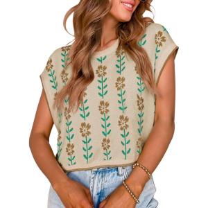 Saodimallsu Womens Cap Sleeve Crop Tops Summer Color Block Going Out Crew Neck Knit Trendy Casual Sweater(Apricot-a)