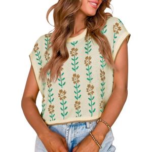 Saodimallsu Womens Cap Sleeve Crop Tops Summer Color Block Going Out Crew Neck Knit Trendy Casual Sweater(Beige-a)