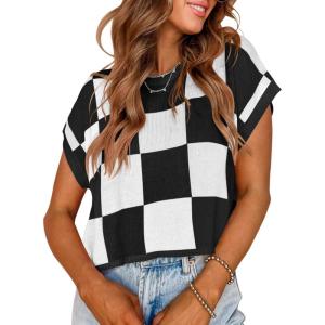 Saodimallsu Womens Cap Sleeve Crop Tops Summer Color Block Going Out Crew Neck Knit Trendy Casual Sweater(Black-1)