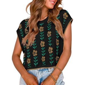 Saodimallsu Womens Cap Sleeve Crop Tops Summer Color Block Going Out Crew Neck Knit Trendy Casual Sweater(Black-a)
