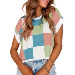 Saodimallsu Womens Cap Sleeve Crop Tops Summer Color Block Going Out Crew Neck Knit Trendy Casual Sweater(Blue&green)