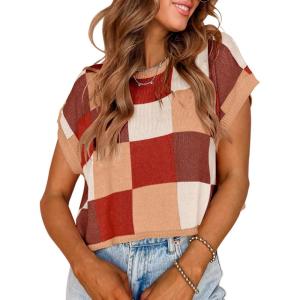Saodimallsu Womens Cap Sleeve Crop Tops Summer Color Block Going Out Crew Neck Knit Trendy Casual Sweater(Brown)