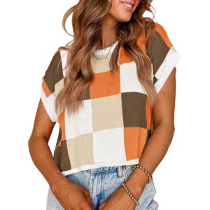 Saodimallsu Womens Cap Sleeve Crop Tops Summer Color Block Going Out Crew Neck Knit Trendy Casual Sweater(Coffee)