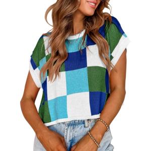 Saodimallsu Womens Cap Sleeve Crop Tops Summer Color Block Going Out Crew Neck Knit Trendy Casual Sweater(Green)