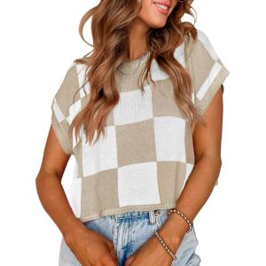 Saodimallsu Womens Cap Sleeve Crop Tops Summer Color Block Going Out Crew Neck Knit Trendy Casual Sweater(Khaki-1)