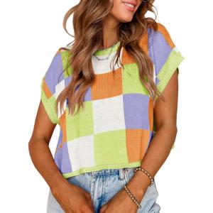 Saodimallsu Womens Cap Sleeve Crop Tops Summer Color Block Going Out Crew Neck Knit Trendy Casual Sweater(Light Green)