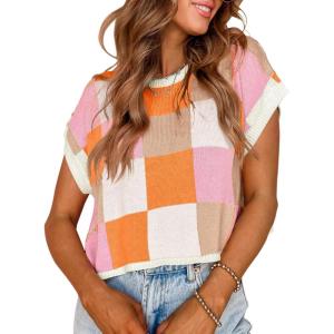 Saodimallsu Womens Cap Sleeve Crop Tops Summer Color Block Going Out Crew Neck Knit Trendy Casual Sweater(Orange)