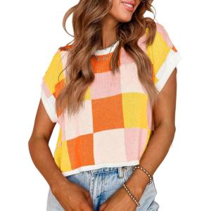 Saodimallsu Womens Cap Sleeve Crop Tops Summer Color Block Going Out Crew Neck Knit Trendy Casual Sweater(Orange&red)