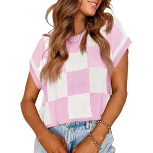Saodimallsu Womens Cap Sleeve Crop Tops Summer Color Block Going Out Crew Neck Knit Trendy Casual Sweater(Pink-1)