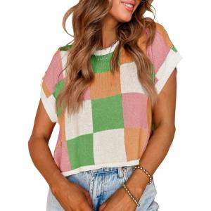 Saodimallsu Womens Cap Sleeve Crop Tops Summer Color Block Going Out Crew Neck Knit Trendy Casual Sweater(Pink&green)