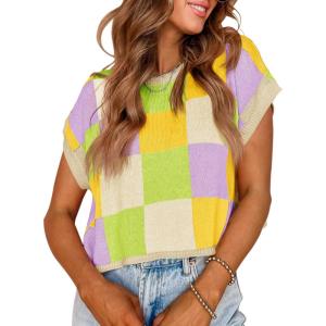 Saodimallsu Womens Cap Sleeve Crop Tops Summer Color Block Going Out Crew Neck Knit Trendy Casual Sweater(Purple&yellow)