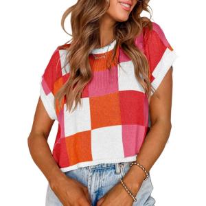 Saodimallsu Womens Cap Sleeve Crop Tops Summer Color Block Going Out Crew Neck Knit Trendy Casual Sweater(Red)