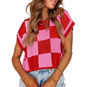 Saodimallsu Womens Cap Sleeve Crop Tops Summer Color Block Going Out Crew Neck Knit Trendy Casual Sweater(Red-1)