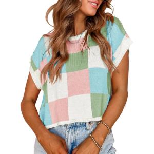 Saodimallsu Womens Cap Sleeve Crop Tops Summer Color Block Going Out Crew Neck Knit Trendy Casual Sweater(Sky Blue)