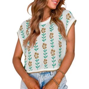 Saodimallsu Womens Cap Sleeve Crop Tops Summer Color Block Going Out Crew Neck Knit Trendy Casual Sweater(White-a)