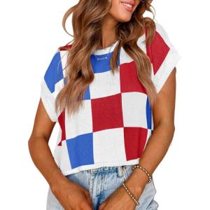 Saodimallsu Womens Cap Sleeve Crop Tops Summer Color Block Going Out Crew Neck Knit Trendy Casual Sweater(White&blue)