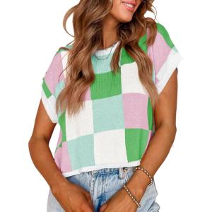 Saodimallsu Womens Cap Sleeve Crop Tops Summer Color Block Going Out Crew Neck Knit Trendy Casual Sweater(White&green)