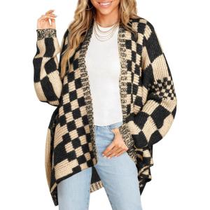 Saodimallsu Womens Checkered Sweater Color Block Plaid Cardigans Oversized Long Sleeve Knit Open Front Coats(Apricot)