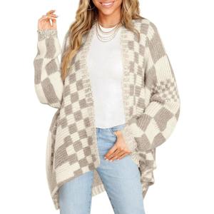 Saodimallsu Womens Checkered Sweater Color Block Plaid Cardigans Oversized Long Sleeve Knit Open Front Coats(Beige&camel)