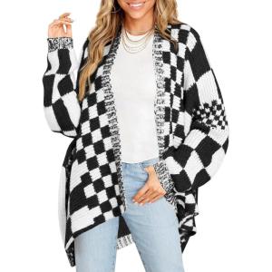 Saodimallsu Womens Checkered Sweater Color Block Plaid Cardigans Oversized Long Sleeve Knit Open Front Coats(Black&white)