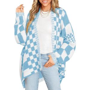 Saodimallsu Womens Checkered Sweater Color Block Plaid Cardigans Oversized Long Sleeve Knit Open Front Coats(Blue)