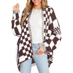 Saodimallsu Womens Checkered Sweater Color Block Plaid Cardigans Oversized Long Sleeve Knit Open Front Coats(Brown)