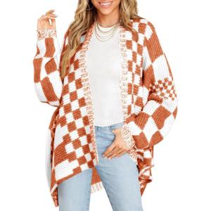 Saodimallsu Womens Checkered Sweater Color Block Plaid Cardigans Oversized Long Sleeve Knit Open Front Coats(Caramel)