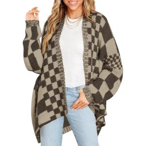 Saodimallsu Womens Checkered Sweater Color Block Plaid Cardigans Oversized Long Sleeve Knit Open Front Coats(Coffee)