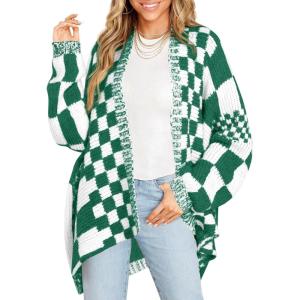 Saodimallsu Womens Checkered Sweater Color Block Plaid Cardigans Oversized Long Sleeve Knit Open Front Coats(Dark Green)