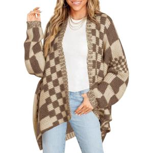 Saodimallsu Womens Checkered Sweater Color Block Plaid Cardigans Oversized Long Sleeve Knit Open Front Coats(Dark Khaki)